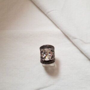 STERLING SILVER & MARCASITE W/LARGE FACETED CRYSTAL STONE RING-SIZE 5.5